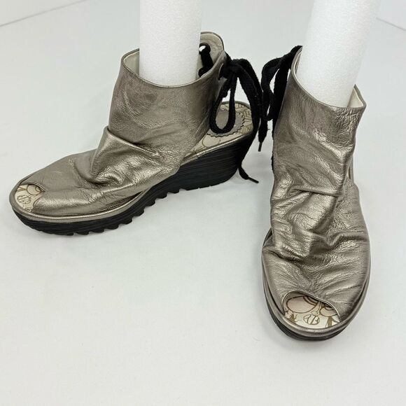 Fly London Yama Gold Metallic Ruched Leather Slingback Lace Up Chunky Wedges - Picture 3 of 12